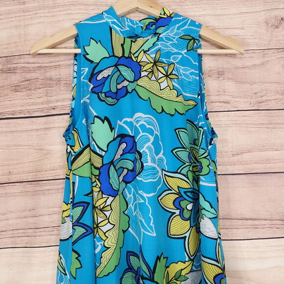 NWT KAARI BLUE TURQUOIS FLORAL STENCIL LEAVES SLEEVELESS FLORAL DRESS WOMENS XS - Picture 2 of 9